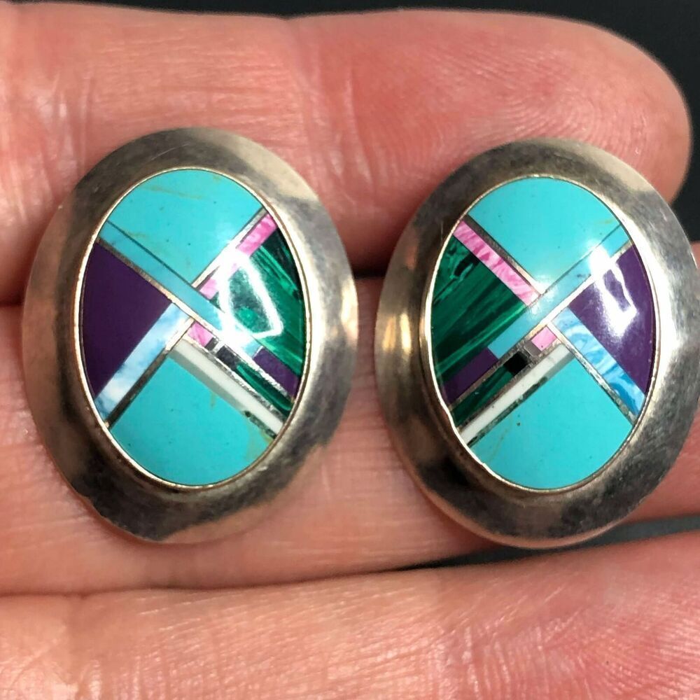 3017 Sterling silver 925 Turquoise Inlay Oval earrings 5.8 grams